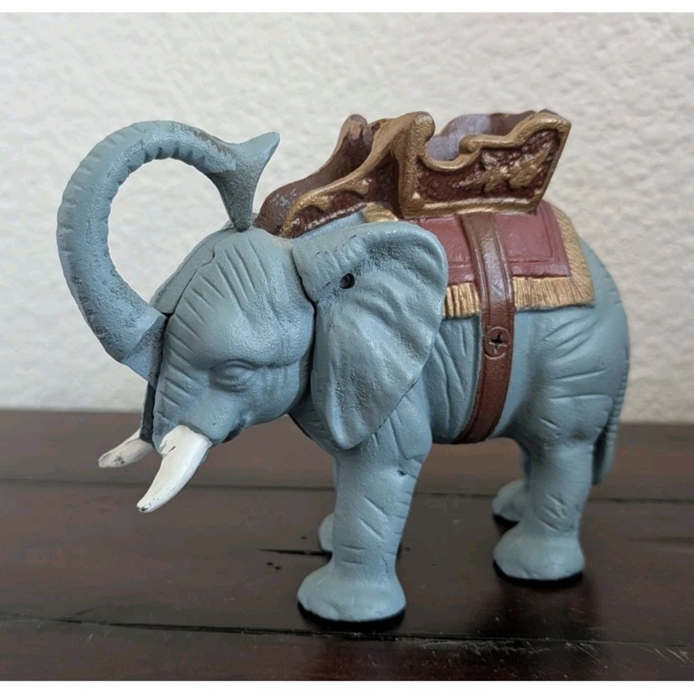 Vintage Cast Iron Elephant Mechanical Coin Bank Trunk Up Howdah Saddle Figurine